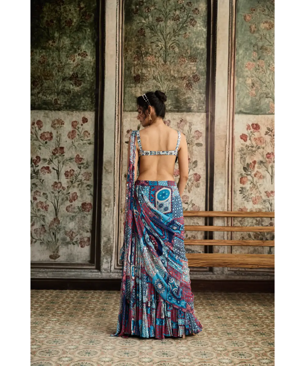 DIYARAJVVIR - Ivory Butta Print and Highlighted Blouse with Teal Print and Highlighted Gharara Saree Set